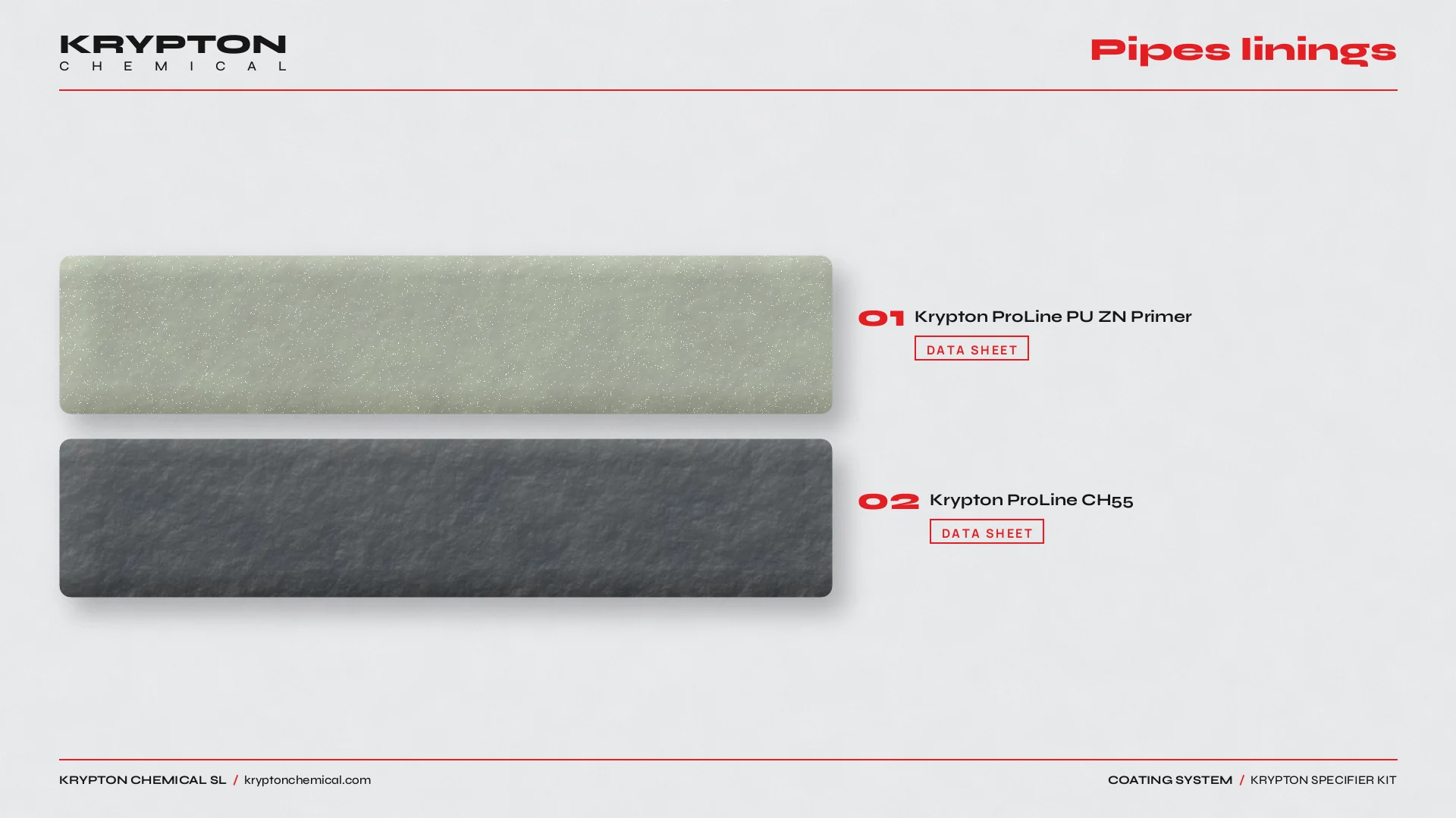 Krypton specifier kit, Pipes linings: Krypton ProLine PU ZN Primer, Krypton ProLine CH55