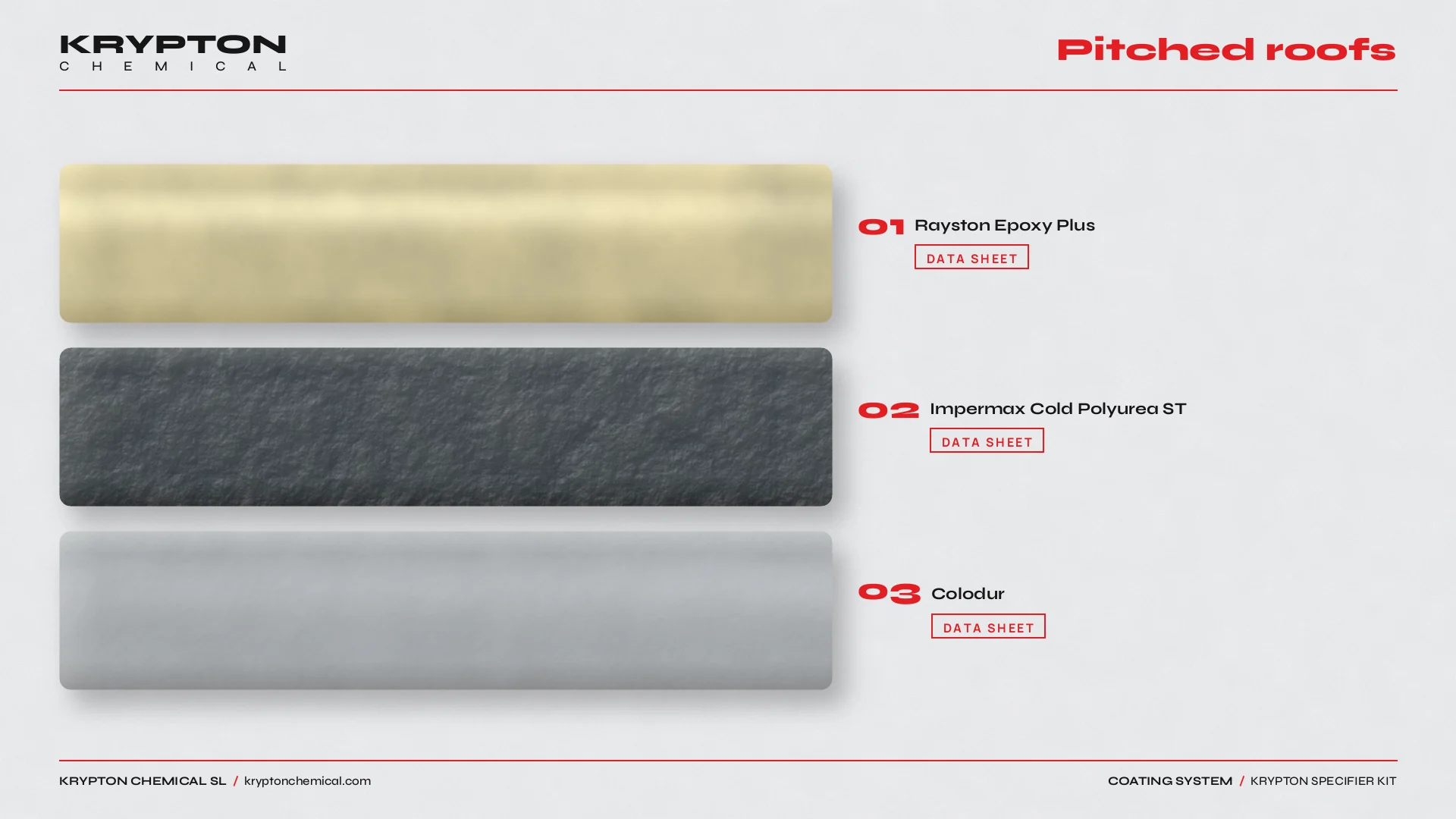 Krypton specifier kit, Cubiertas inclinadas: Rayston Epoxi Plus, Impermax Cold Poliurea ST, Colodur