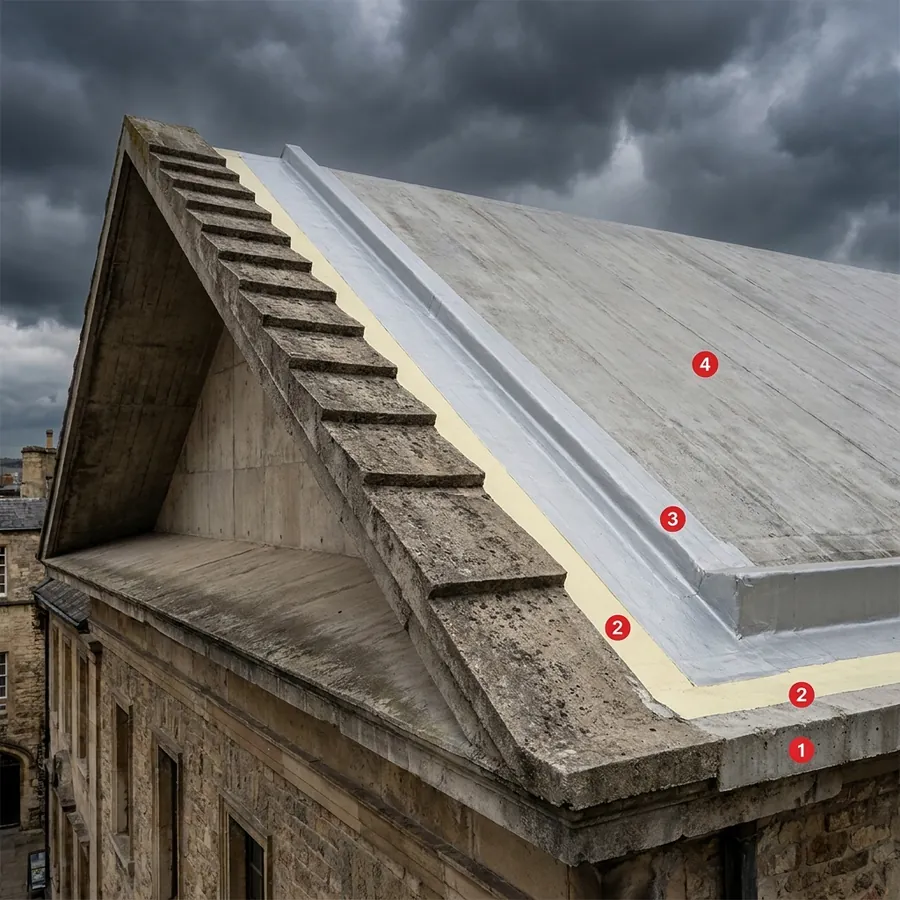Pitched roofs coating layers: Concrete deck / slab, Primer Epoxy Plus, Impermax Cold Polyurea ST, Colodur