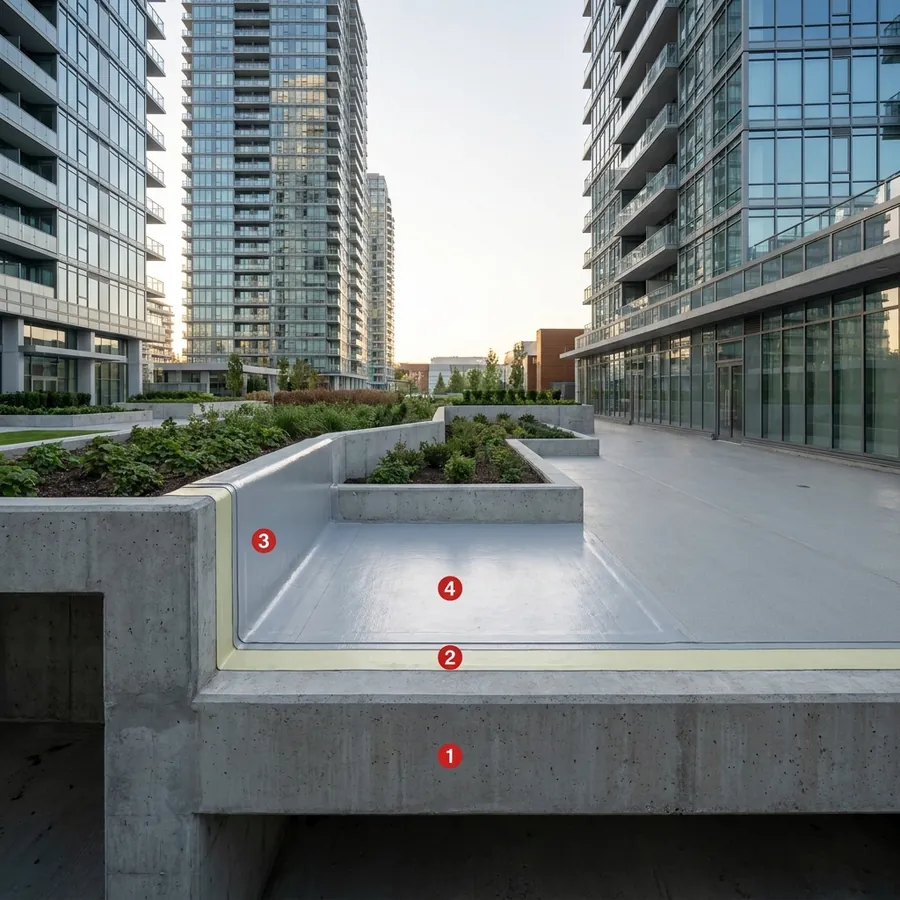 Podium decks coating layers: Concrete deck / slab, Humidity Primer, Impermax Polyurea H Flex, Colodur