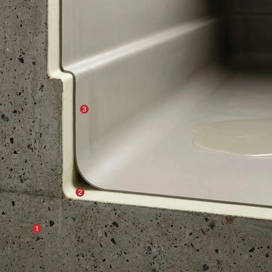 Corner cutaway of a containment lining: concrete, cream primer and light-grey Polyurea Rayston membrane holding a puddle