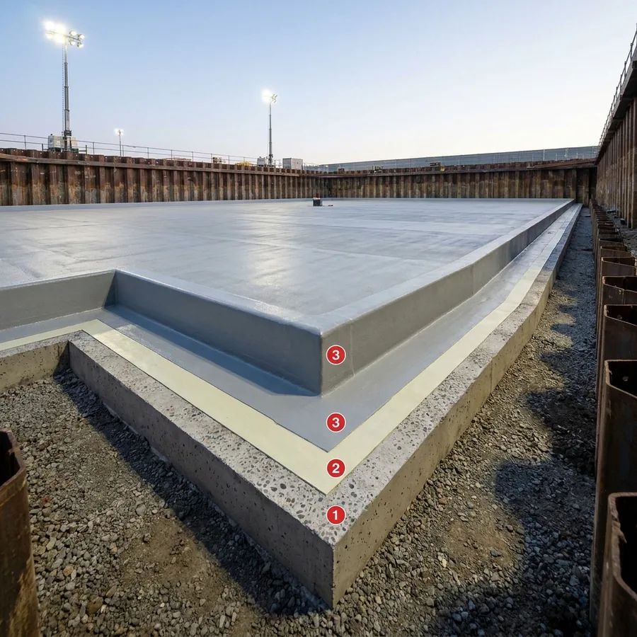 Foundation slab in a sheet-piled excavation with Polyurea Rayston layers numbered 1 to 3 on the concrete, primer and grey membrane