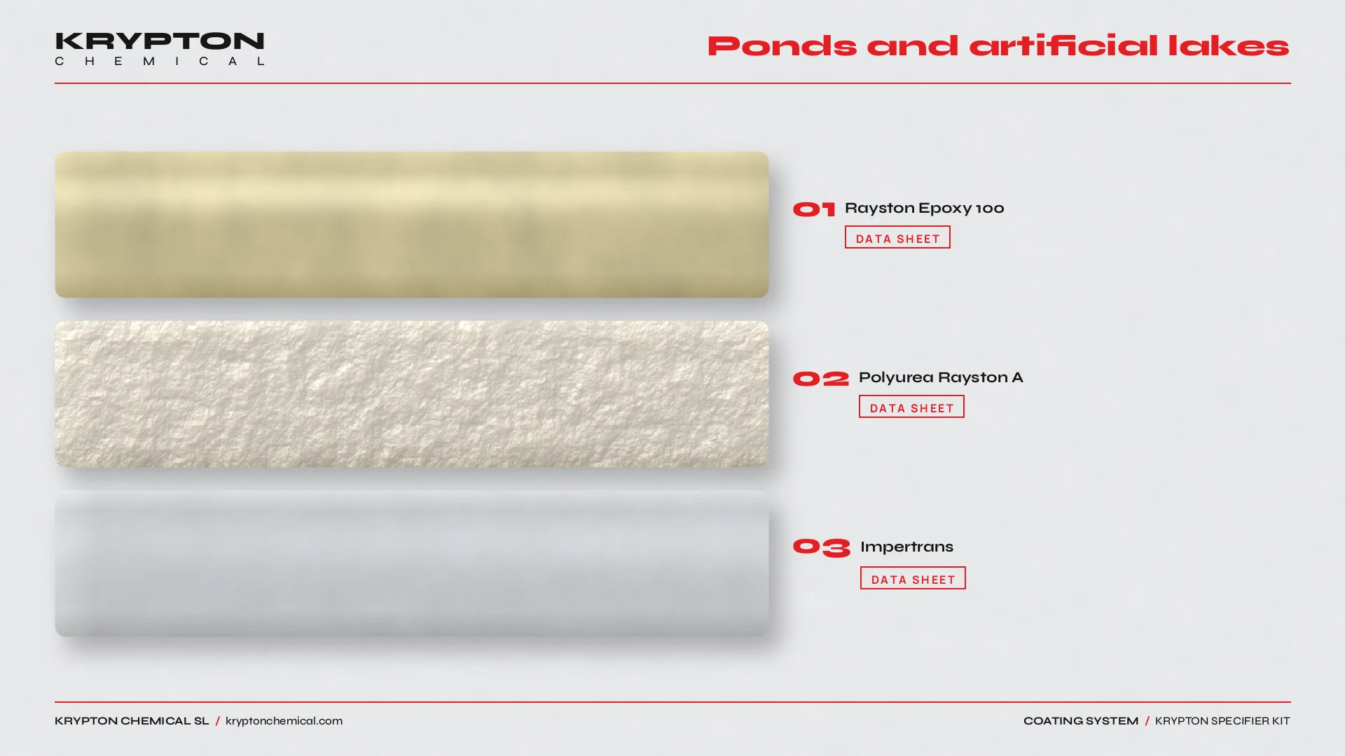 Krypton specifier kit, Ponds and artificial lakes: Rayston Epoxy 100, Polyurea Rayston A, Impertrans