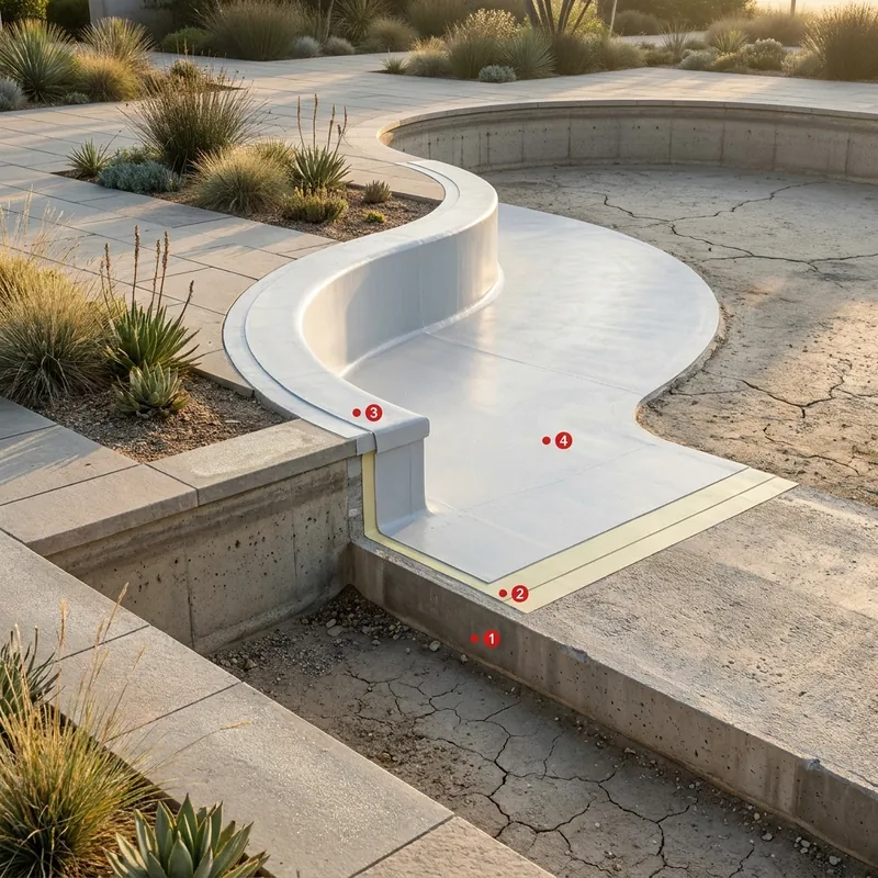 Ponds and artificial lakes coating layers: Concrete deck / slab, Primer Epoxy 100, Polyurea Rayston A, Impertrans