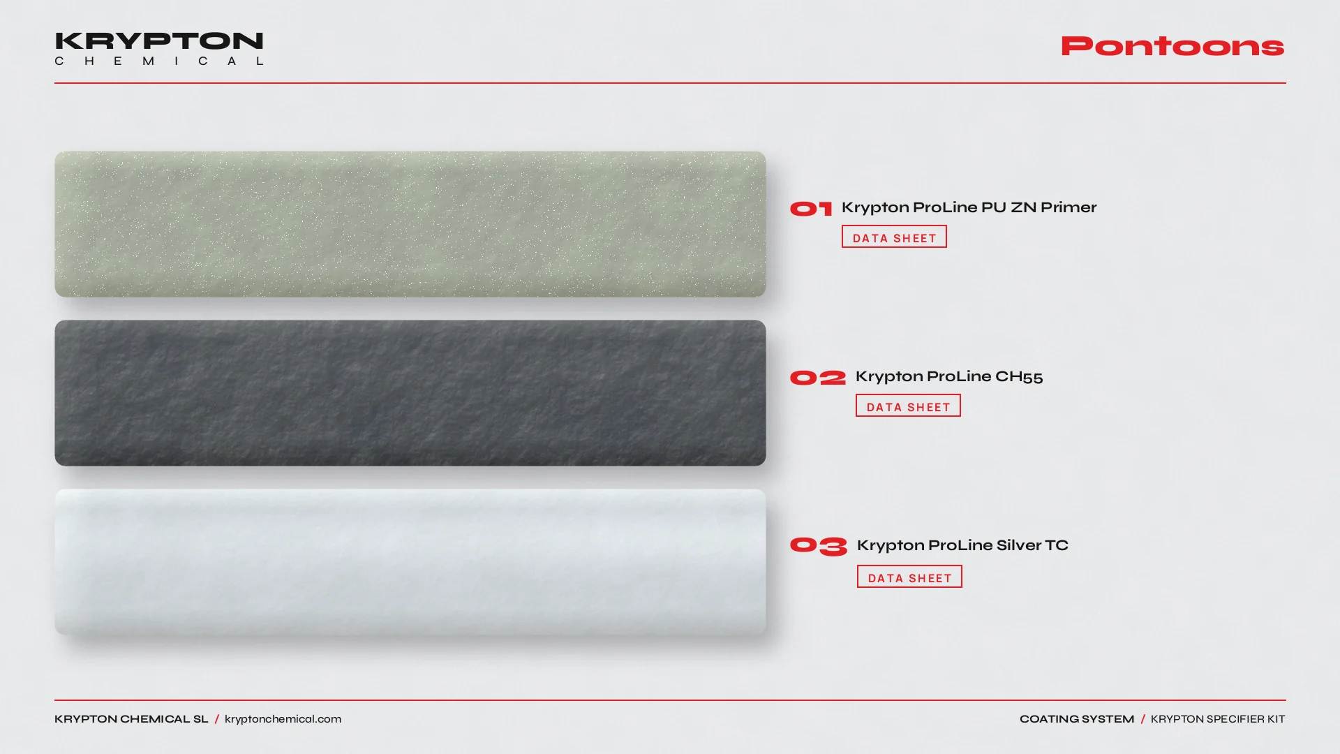 Krypton specifier kit, Pontoons: Krypton ProLine PU ZN Primer, Krypton ProLine CH55, Krypton ProLine Silver TC