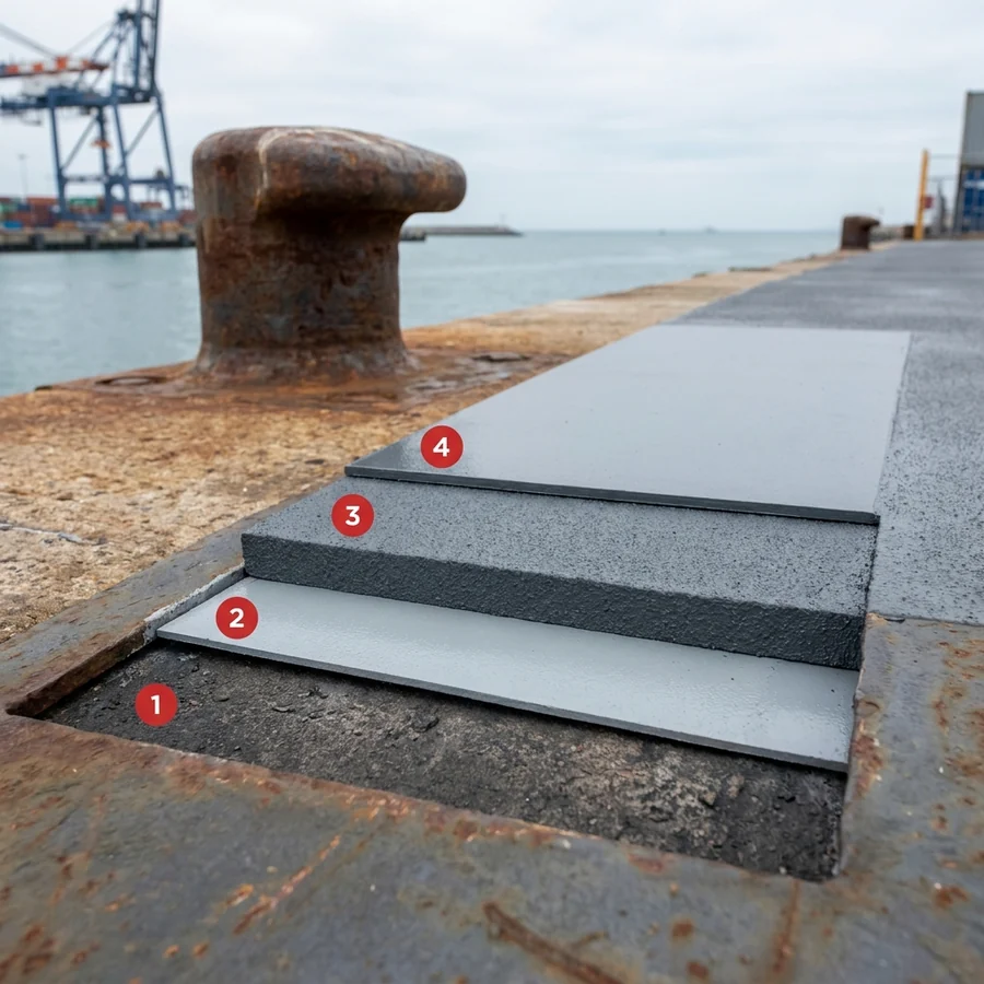 Ports and harbours coating layers: blasted structural steel, Krypton ProLine PU ZN Primer, Krypton ProLine CH55, Krypton ProLine PU 1000 TC