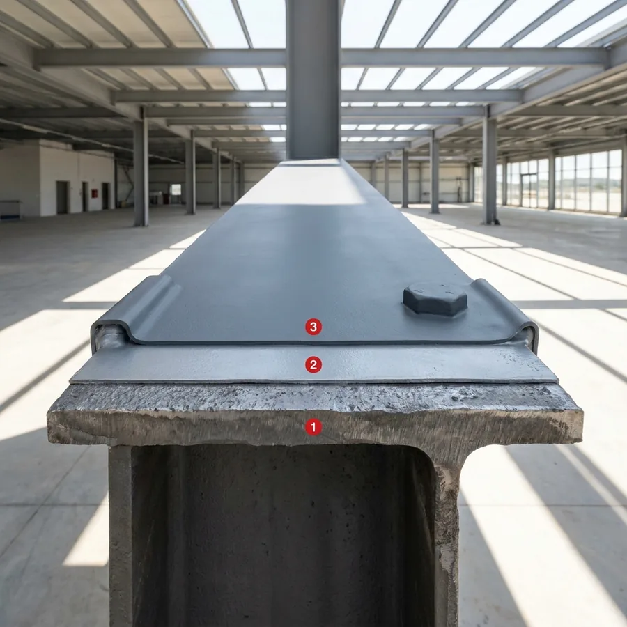 Structural steel I-beam in a warehouse with ProLine AB85H layers numbered 1 to 3, coating wrapping a bolt head