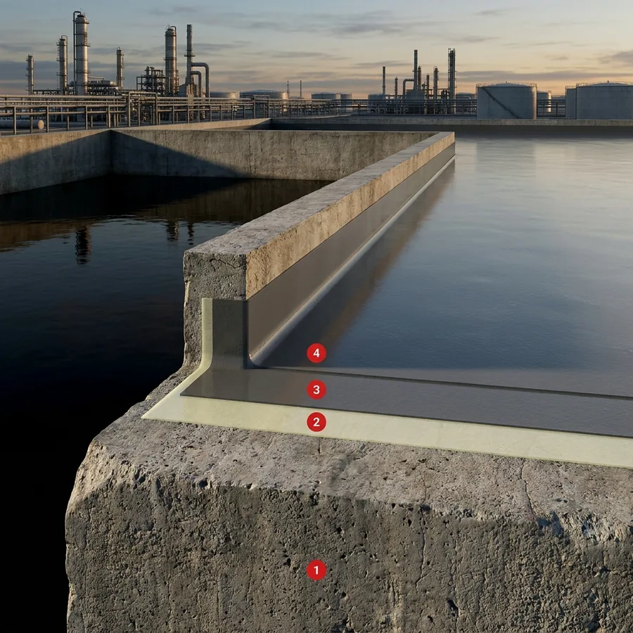 Cutaway of a concrete containment basin with ProLine NE 500 novolac layers numbered 1 to 4, industrial plant behind