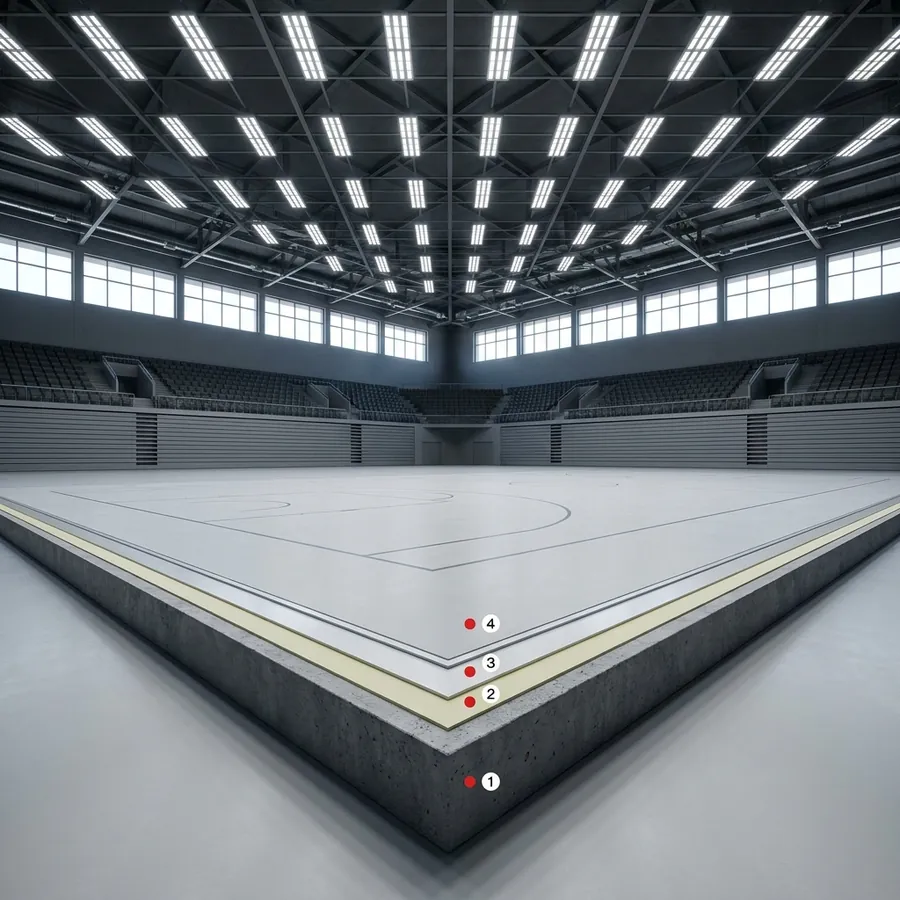 Rayston Floor PU 20 Sport coating layers: Concrete floor slab, Primer Epoxy 100, Pavisoft, Colodur Eco