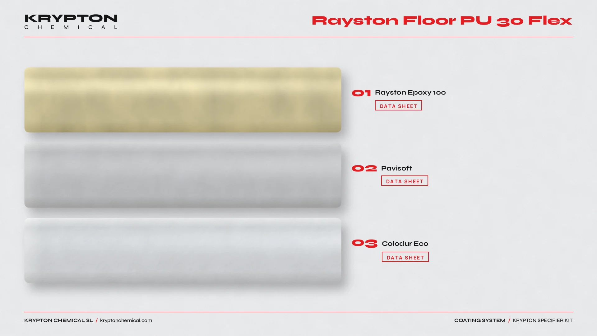 Krypton specifier kit, Rayston Floor PU 30 Flex: Rayston Epoxy 100, Pavisoft, Colodur Eco