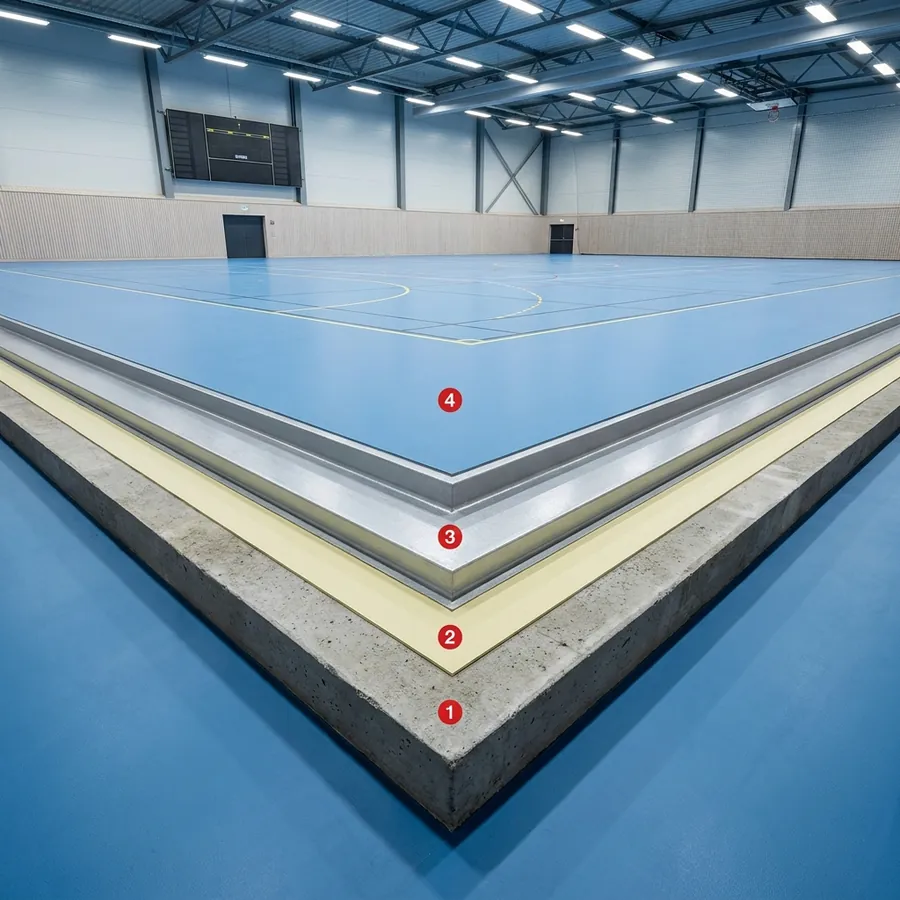Rayston Floor PU 30 Flex coating layers: Concrete floor slab, Primer Epoxy 100, Pavisoft, Colodur Eco