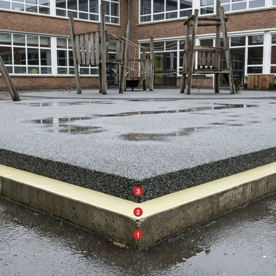 Rayston Floor PU 40 Safety coating layers: Concrete playground slab, Porosity Sealer, Rubber Matt Plus