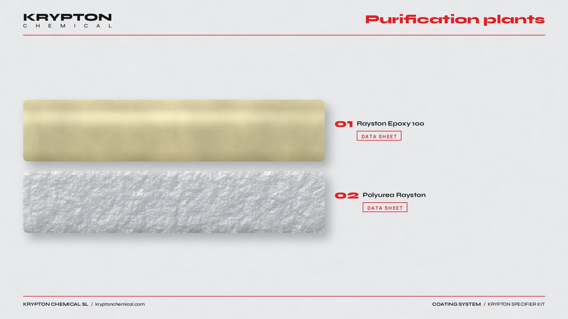 Krypton specifier kit, Purification plants: Rayston Epoxy 100, Polyurea Rayston