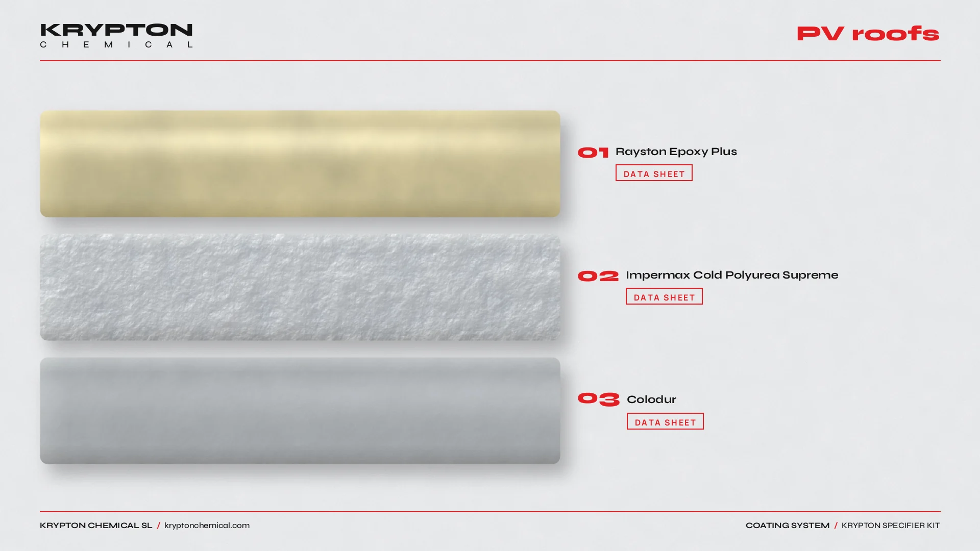 Krypton specifier kit, PV roofs: Rayston Epoxy Plus, Impermax Cold Polyurea Supreme, Colodur
