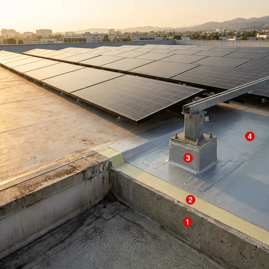 PV roofs coating layers: Concrete deck / slab, Primer Epoxy Plus, Impermax Cold Polyurea Supreme, Colodur