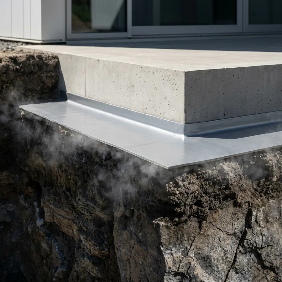 Silver radon-barrier membrane on a concrete foundation upstand, blocking vapour rising from excavated ground