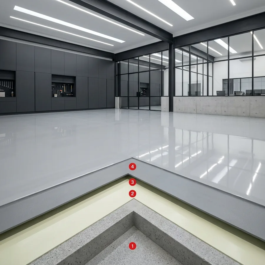 Glossy light-grey industrial floor with Rayston Floor EP10 cutaway layers numbered 1 to 4 over concrete