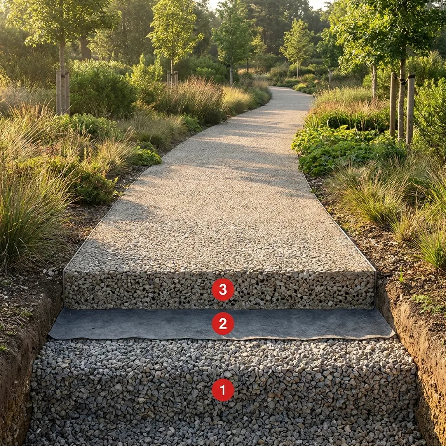 Cutaway of a Rayston Floor PU40 ECO bound-gravel path: crushed-stone base, geotextile and tan resin-bound pebbles