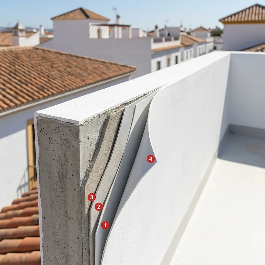 Residential roof waterproofing layers: cement screed, Porosity Sealer, Impermax, Colodur