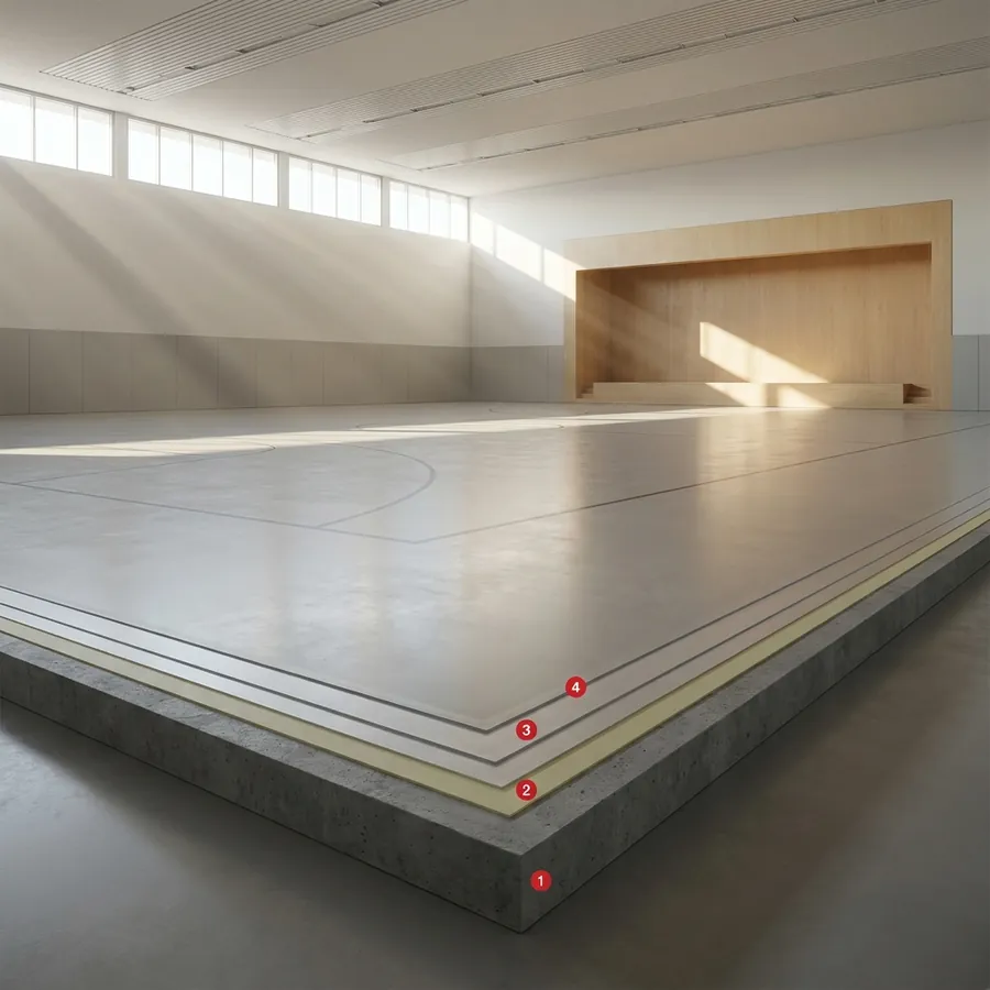 School sports halls coating layers: Concrete floor slab, Porosity Sealer, Kryptanate 100, Colodur Eco