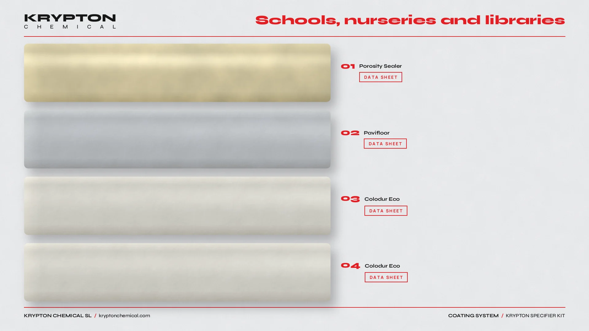 Krypton specifier kit, Schools, nurseries and libraries: Porosity Sealer, Pavifloor, Colodur Eco, Colodur Eco