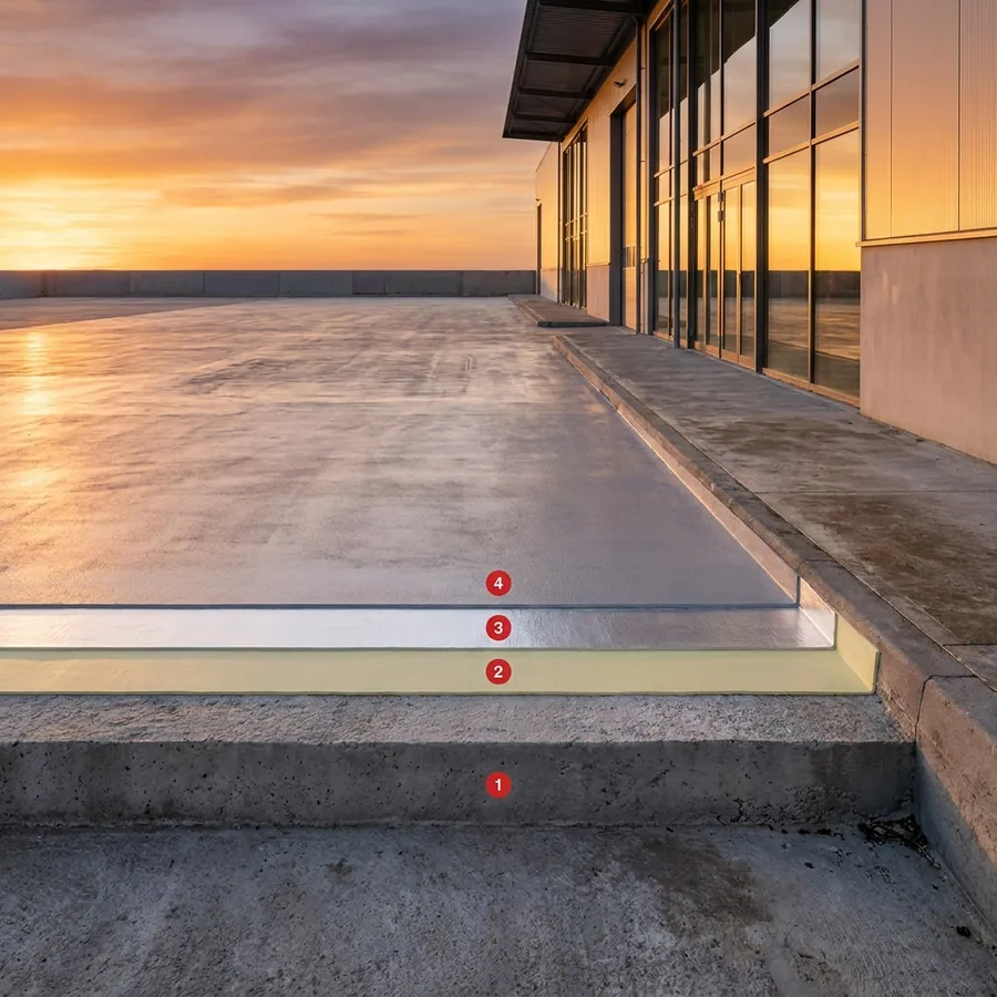 Roofs of shopping centres and public buildings coating layers: Concrete deck / slab, Porosity Sealer, Impermax, Colodur