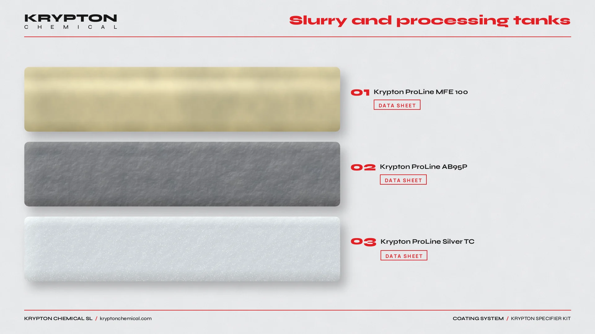Krypton specifier kit, Slurry and processing tanks: Krypton ProLine MFE 100, Krypton ProLine AB95P, Krypton ProLine Silver TC