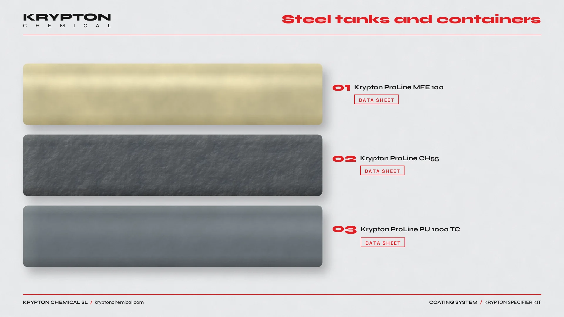 Krypton specifier kit, Steel tanks and containers: Krypton ProLine MFE 100, Krypton ProLine CH55, Krypton ProLine PU 1000 TC
