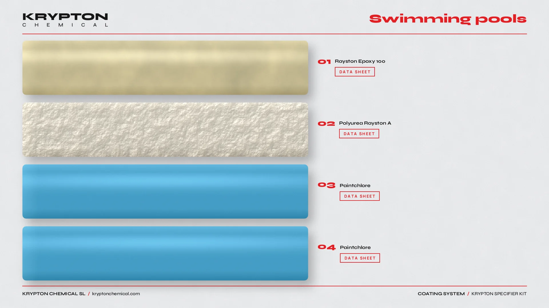 Krypton specifier kit, Swimming pools: Rayston Epoxy 100, Polyurea Rayston A, Paintchlore, Paintchlore
