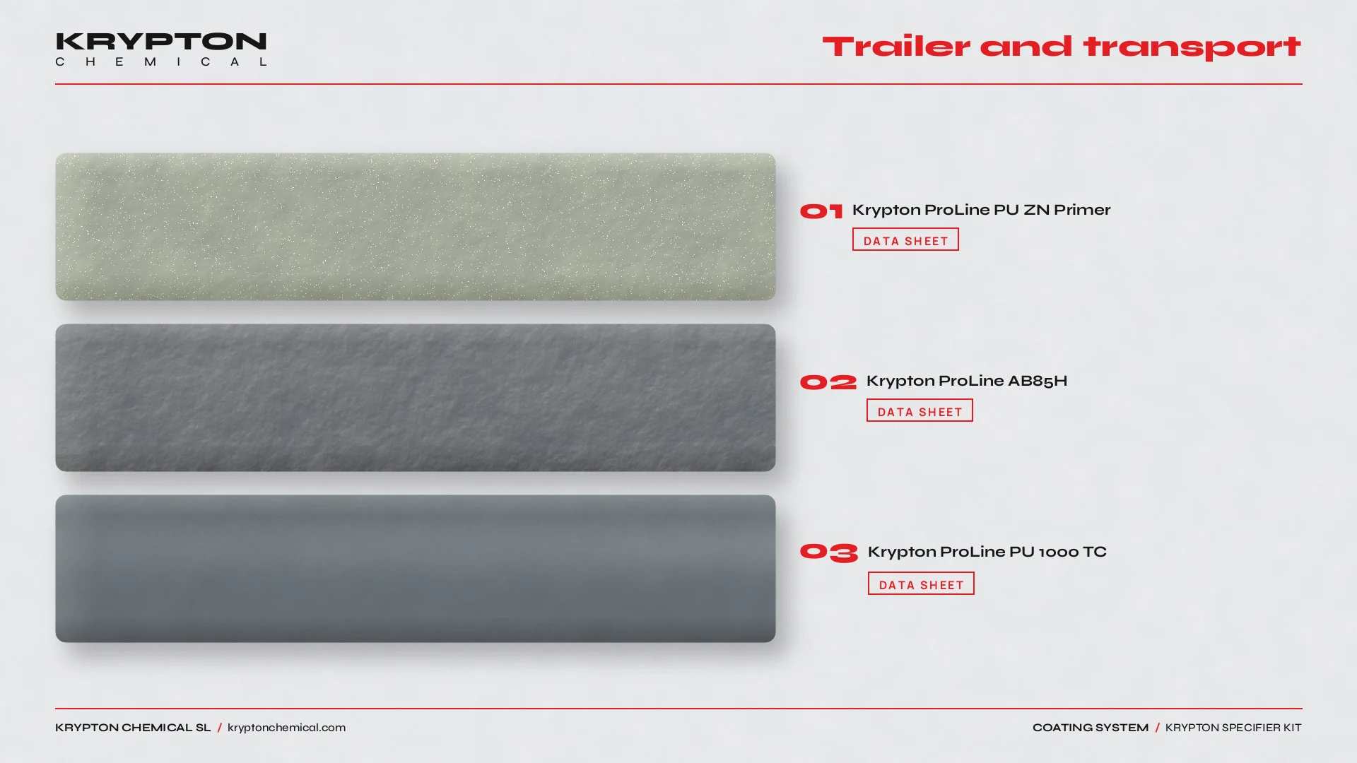 Krypton specifier kit, Trailer and transport: Krypton ProLine PU ZN Primer, Krypton ProLine AB85H, Krypton ProLine PU 1000 TC