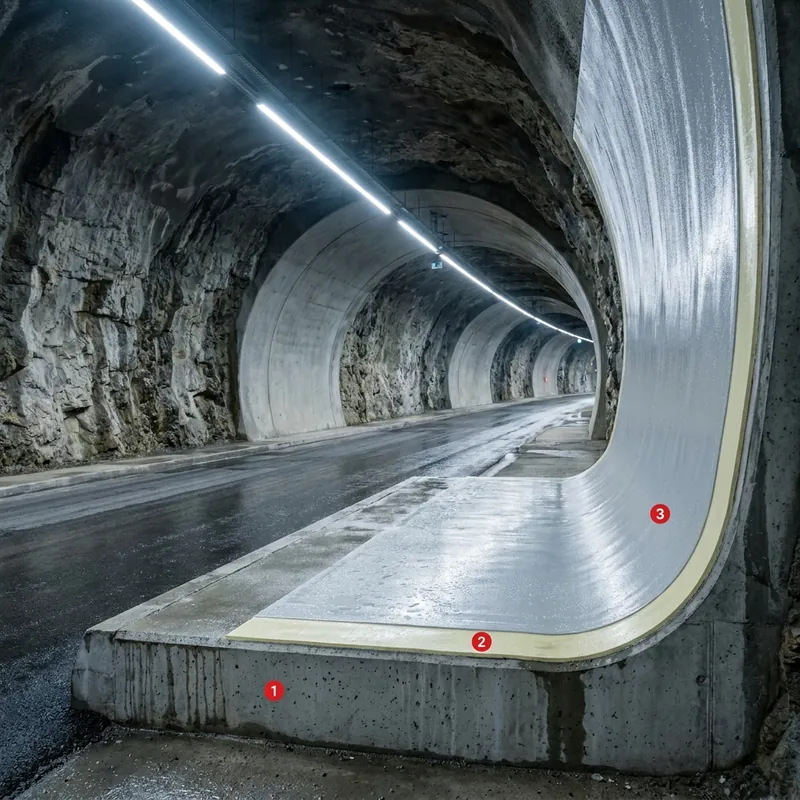 Tunnels coating layers: Tunnel concrete lining, Primer Epoxy 100, Polyurea Rayston