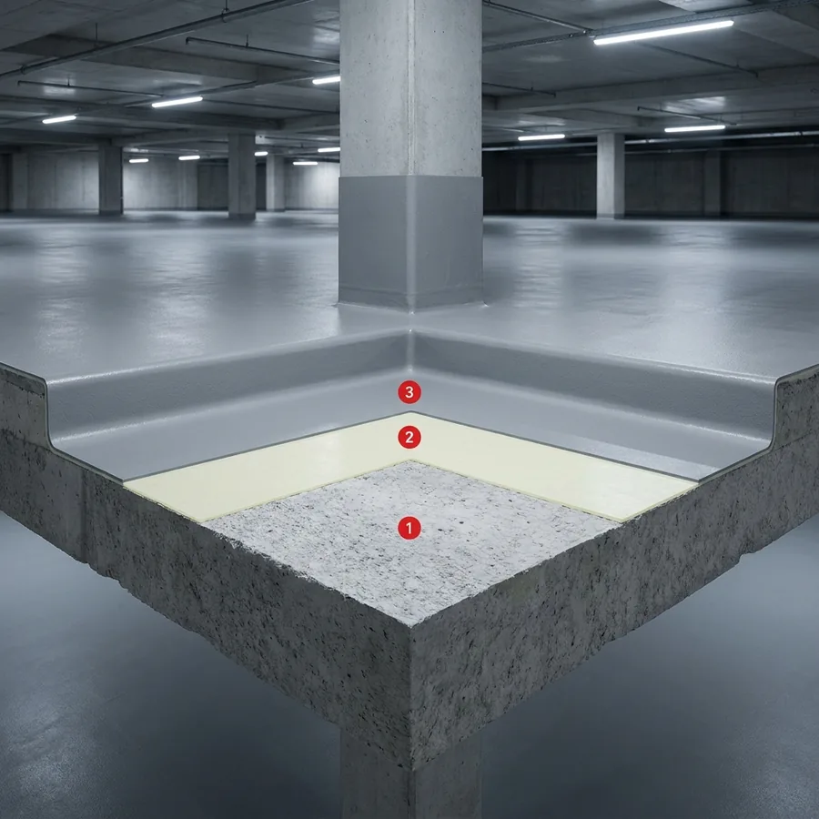 Underground car park with Polyurea H Flex cutaway: concrete slab, cream primer and grey membrane coved up a pillar