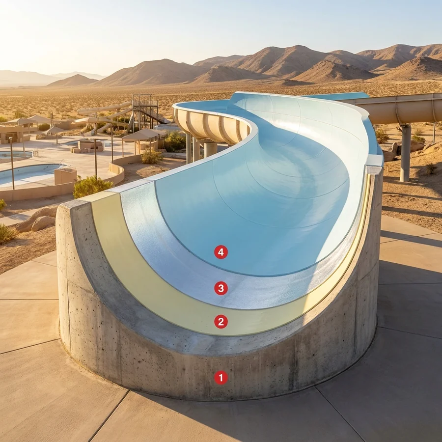 Waterparks coating layers: Concrete pool shell, Primer Epoxy 100, Polyurea Rayston A, Paintchlore