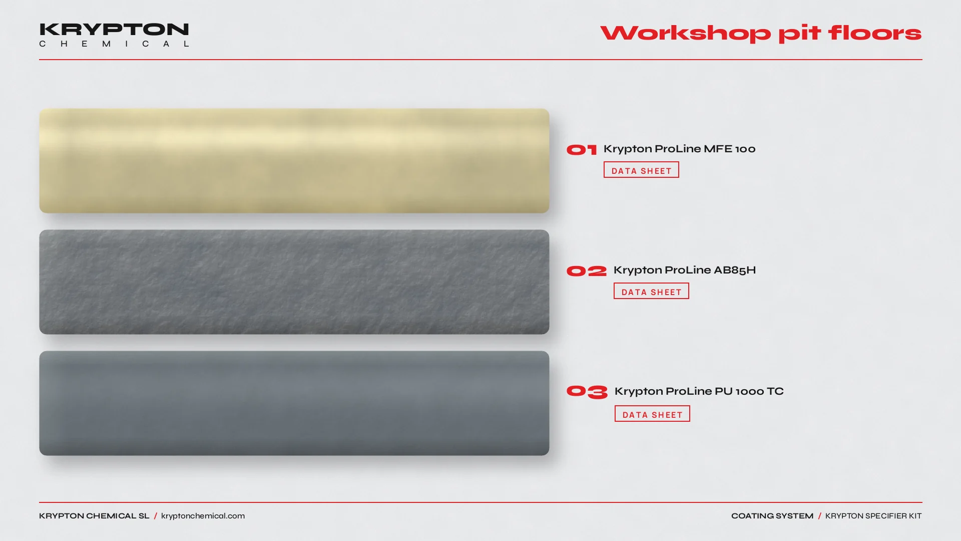 Krypton specifier kit, Workshop pit floors: Krypton ProLine MFE 100, Krypton ProLine AB85H, Krypton ProLine PU 1000 TC