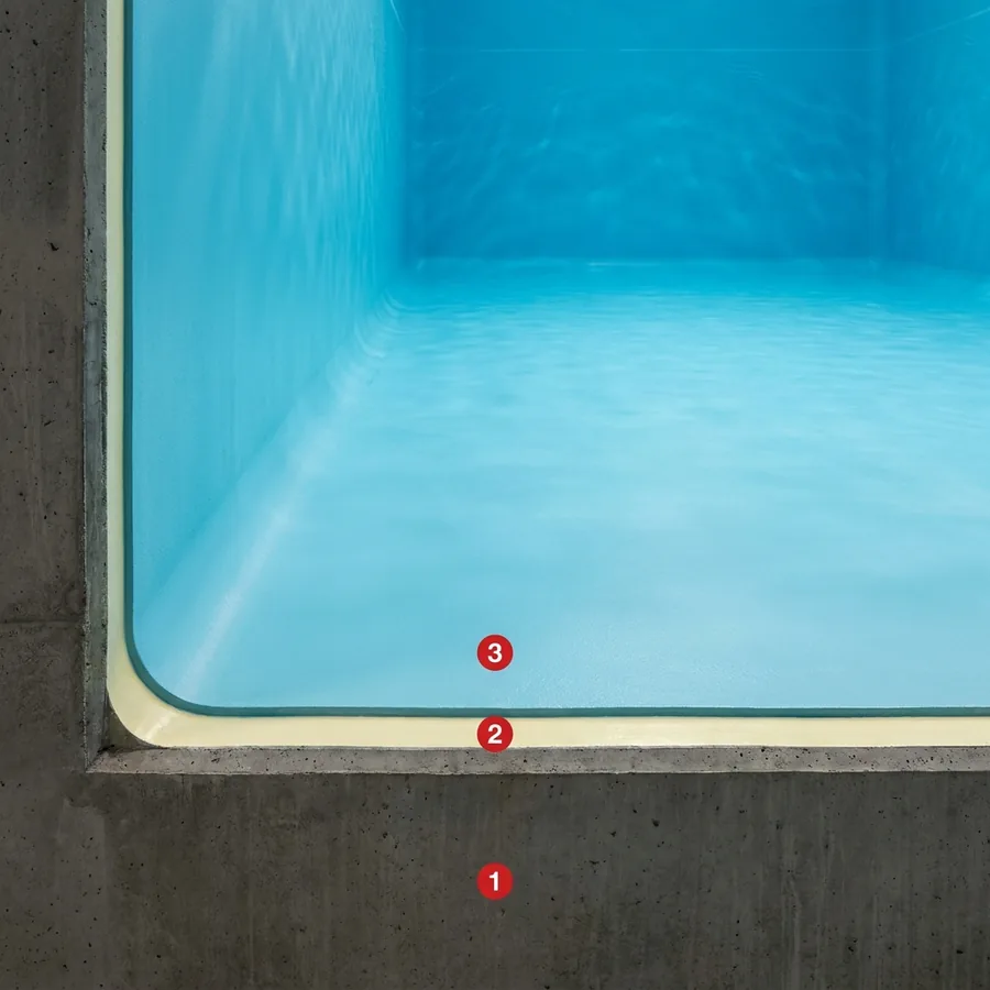 Cutaway of a drinking-water reservoir: concrete, cream primer and blue WRAS membrane coved at the wall-floor joint under water