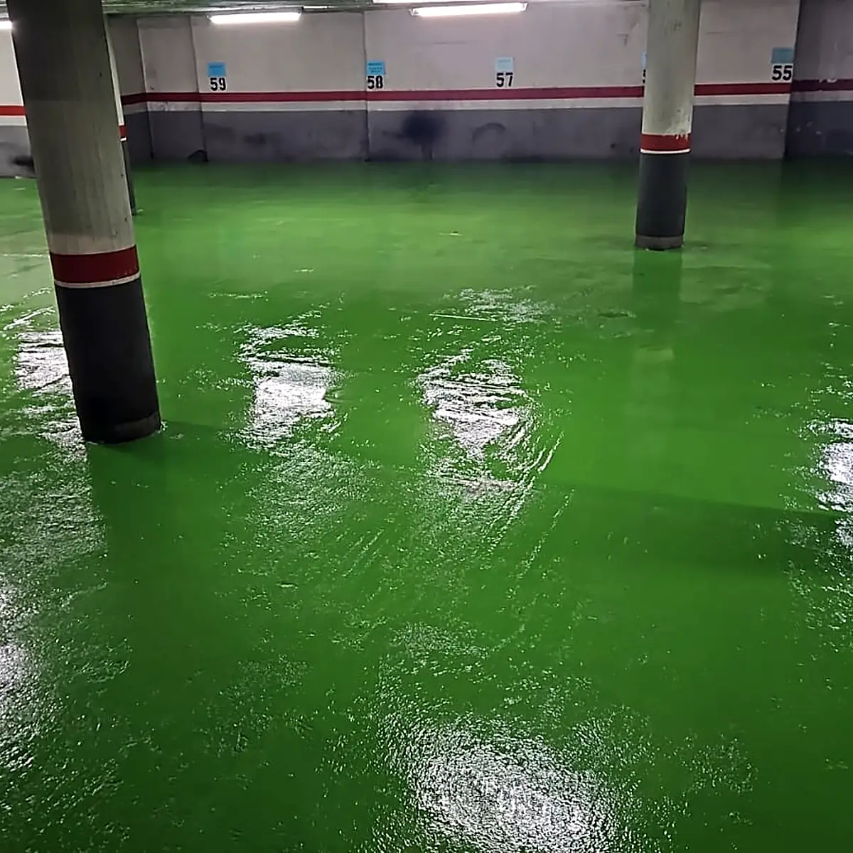 Apartment garage floor renovation in Puigcerdà: ceiling light reflected on the finished green floor Apartment garage floor renovation in Puigcerdà: ceiling light reflected on the finished green floor