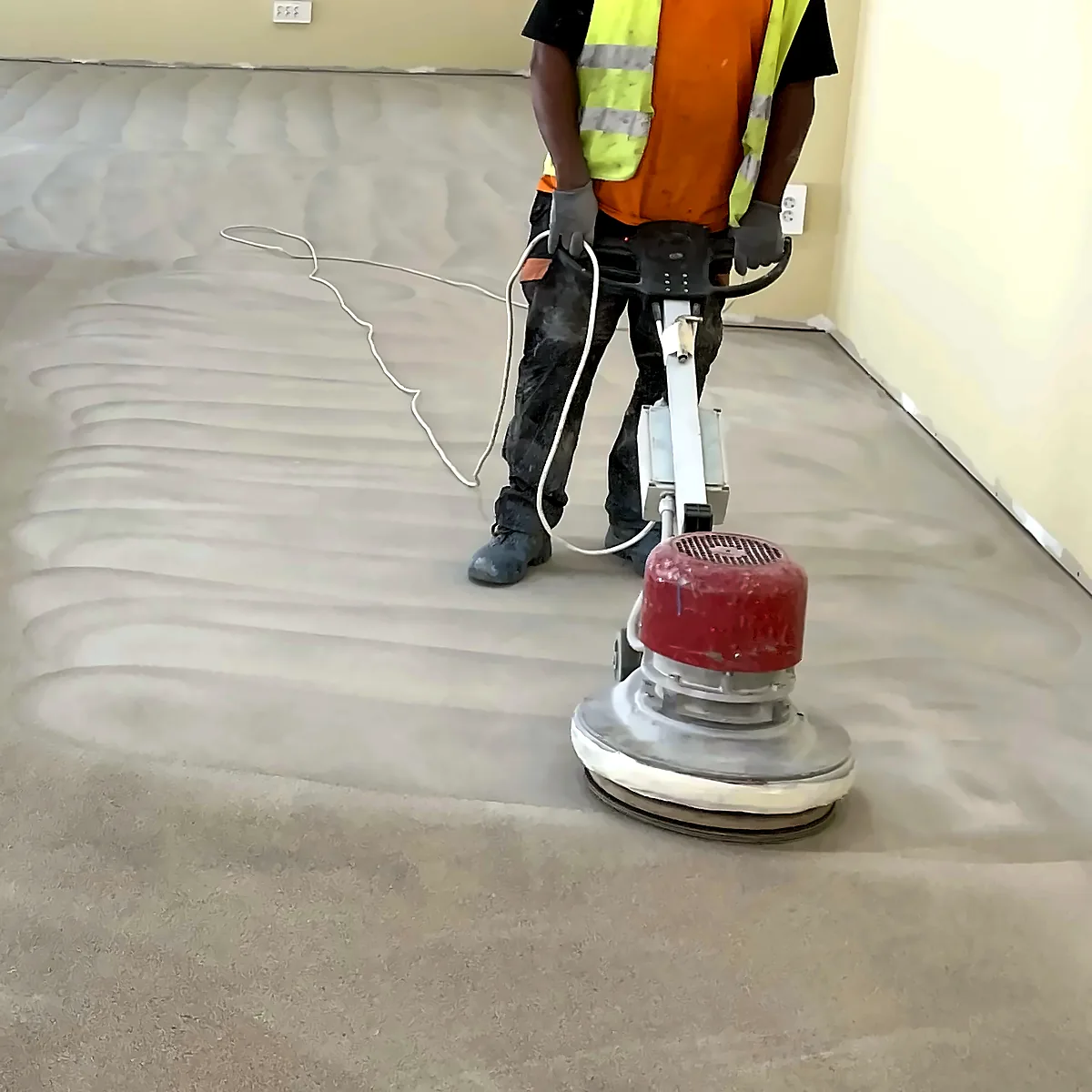 Máquina lijando el hormigón antes de la resina, Badajoz
