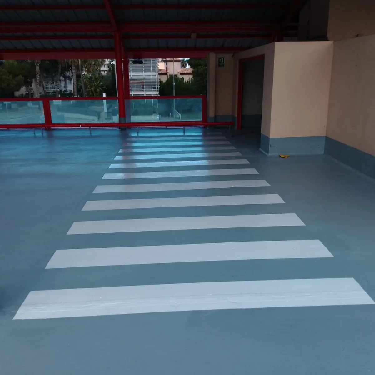 Zebra crossing painted on the waterproofed car park roof, Mallorca