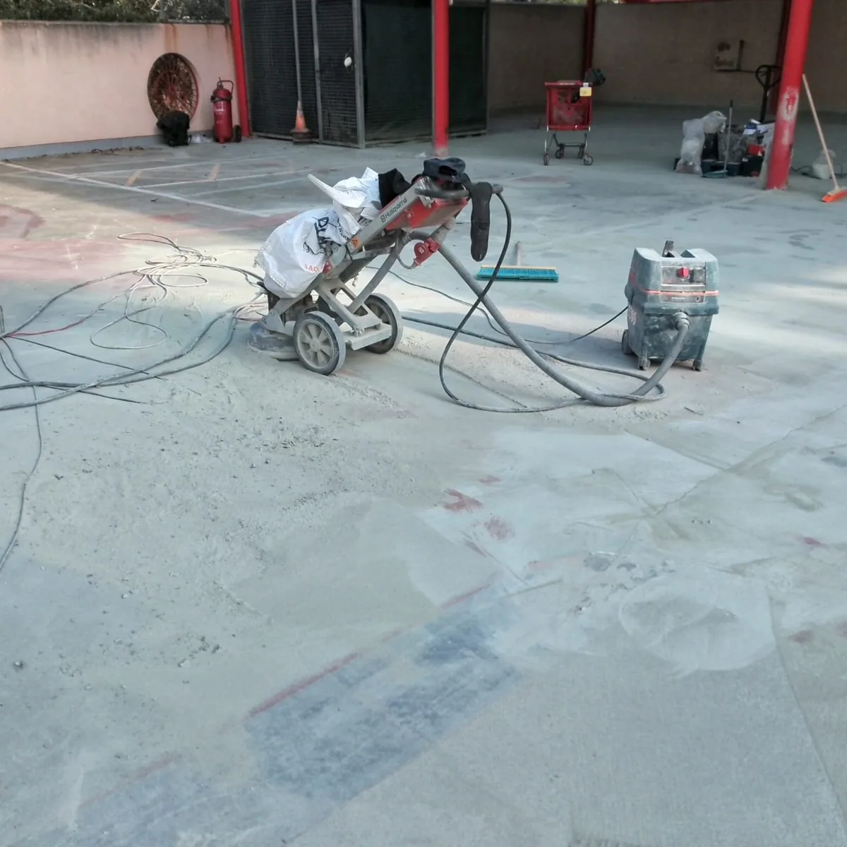 Grinding machine preparing the car park roof concrete, Mallorca