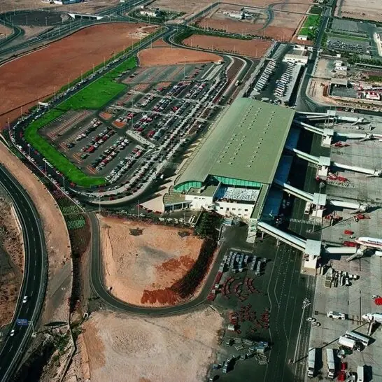 Aerial view of Fuerteventura Airport, the terminal and the parking roofs
