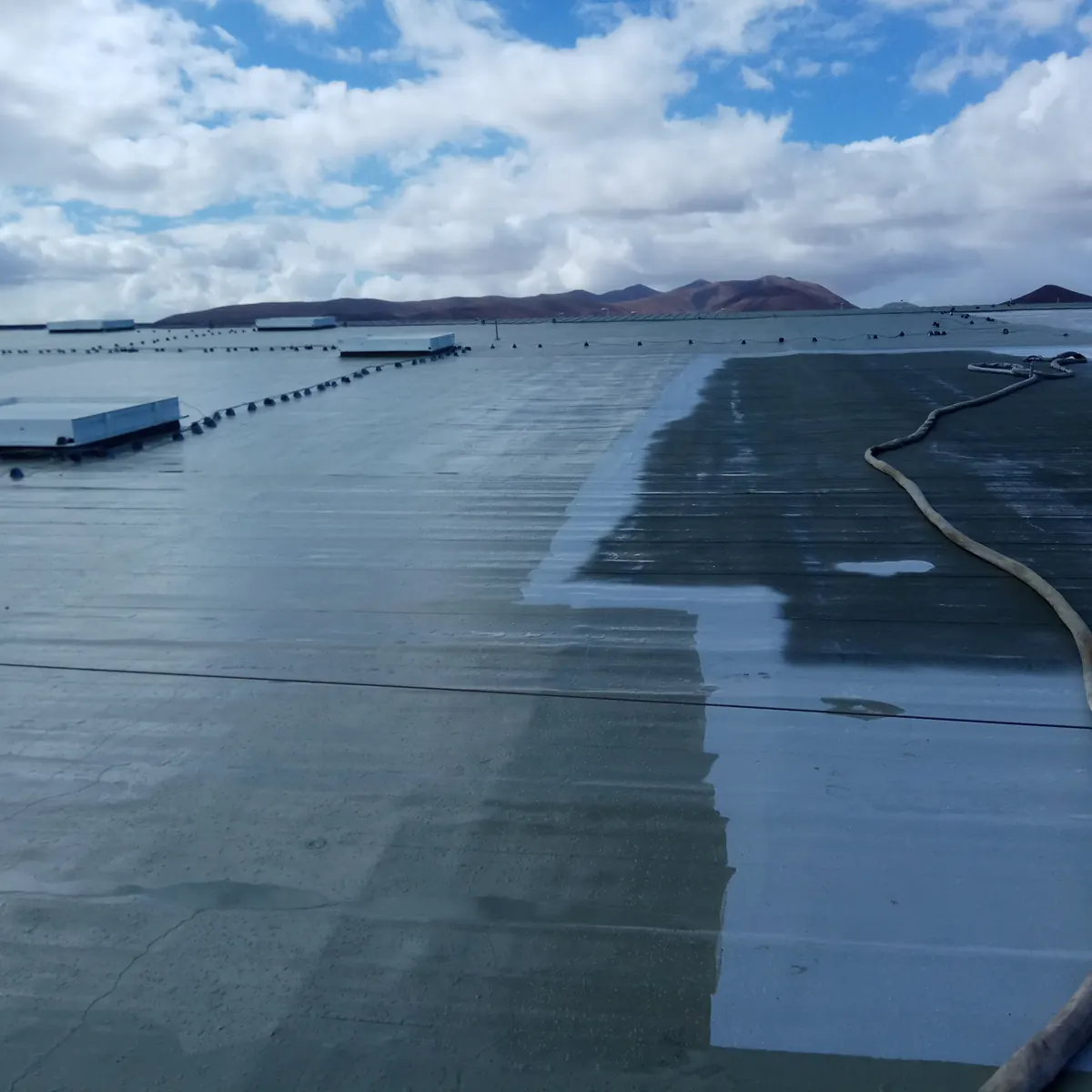 Wet grey coat meeting the open area, with the spray hose on the right