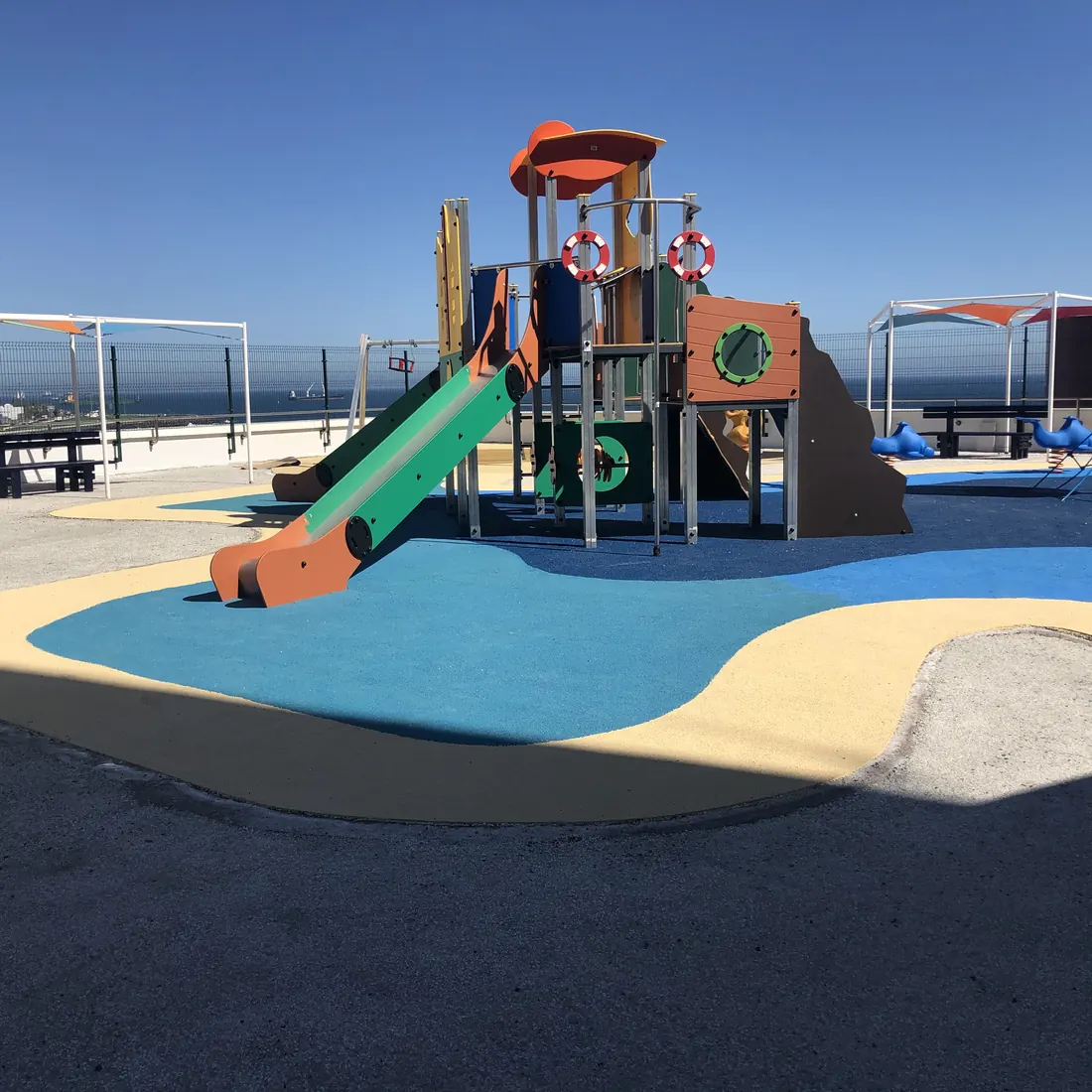 The safety surface and slides, with the sea behind