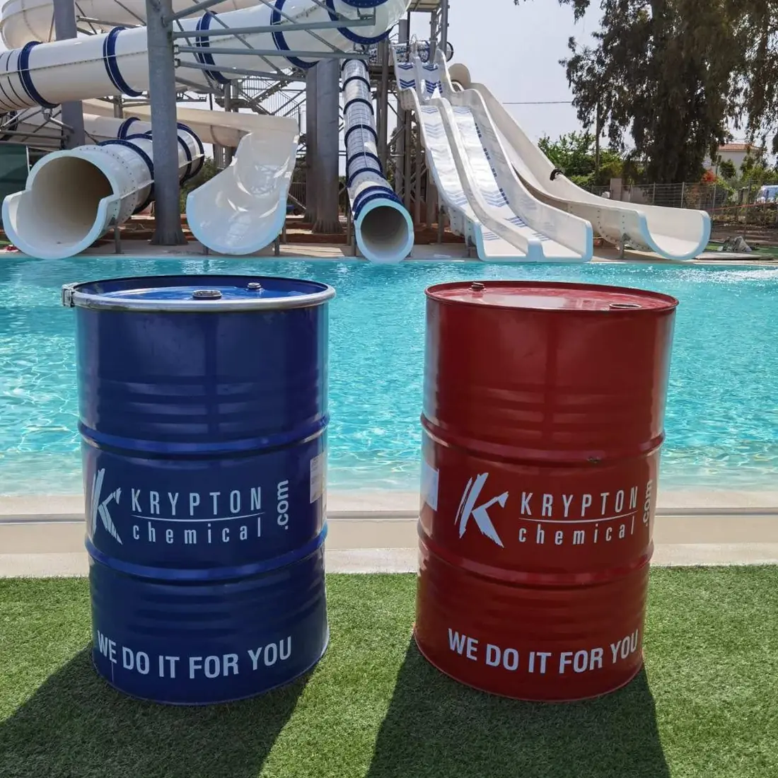 Krypton drums beside the pool under the slides Krypton drums beside the pool under the slides