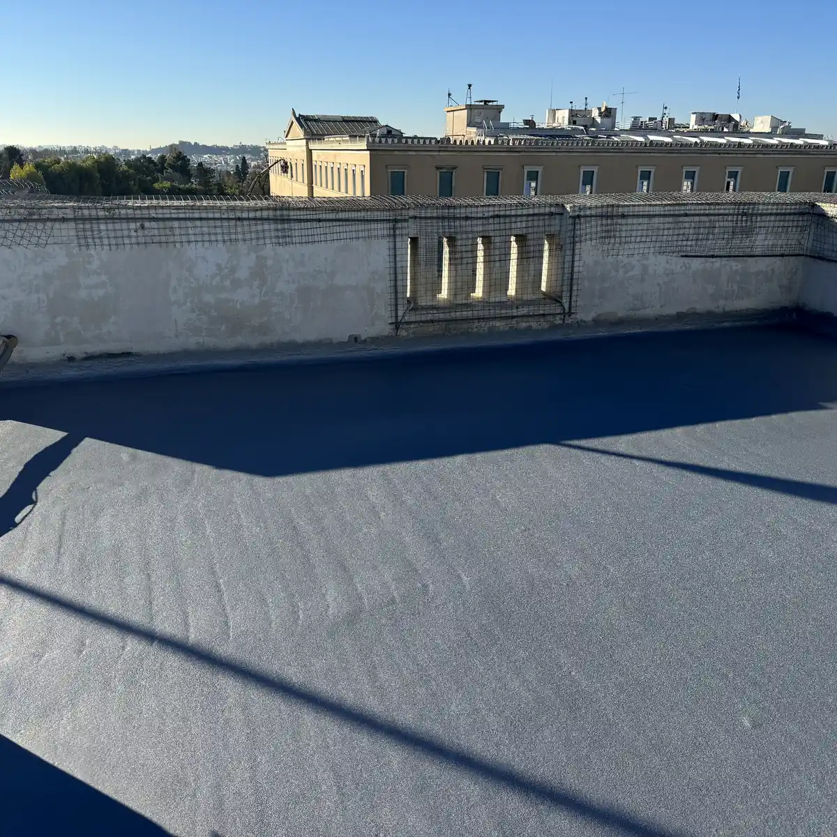 Corner termination of roof membrane at embassy, Athens