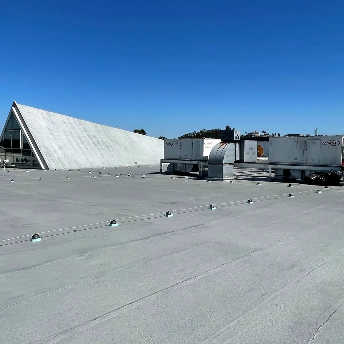 Coated flat roof with sloped section and plant, Ferrara Plaza Coated flat roof with sloped section and plant, Ferrara Plaza