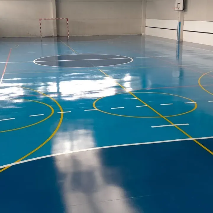 The dark centre circle and the court lines The dark centre circle and the court lines