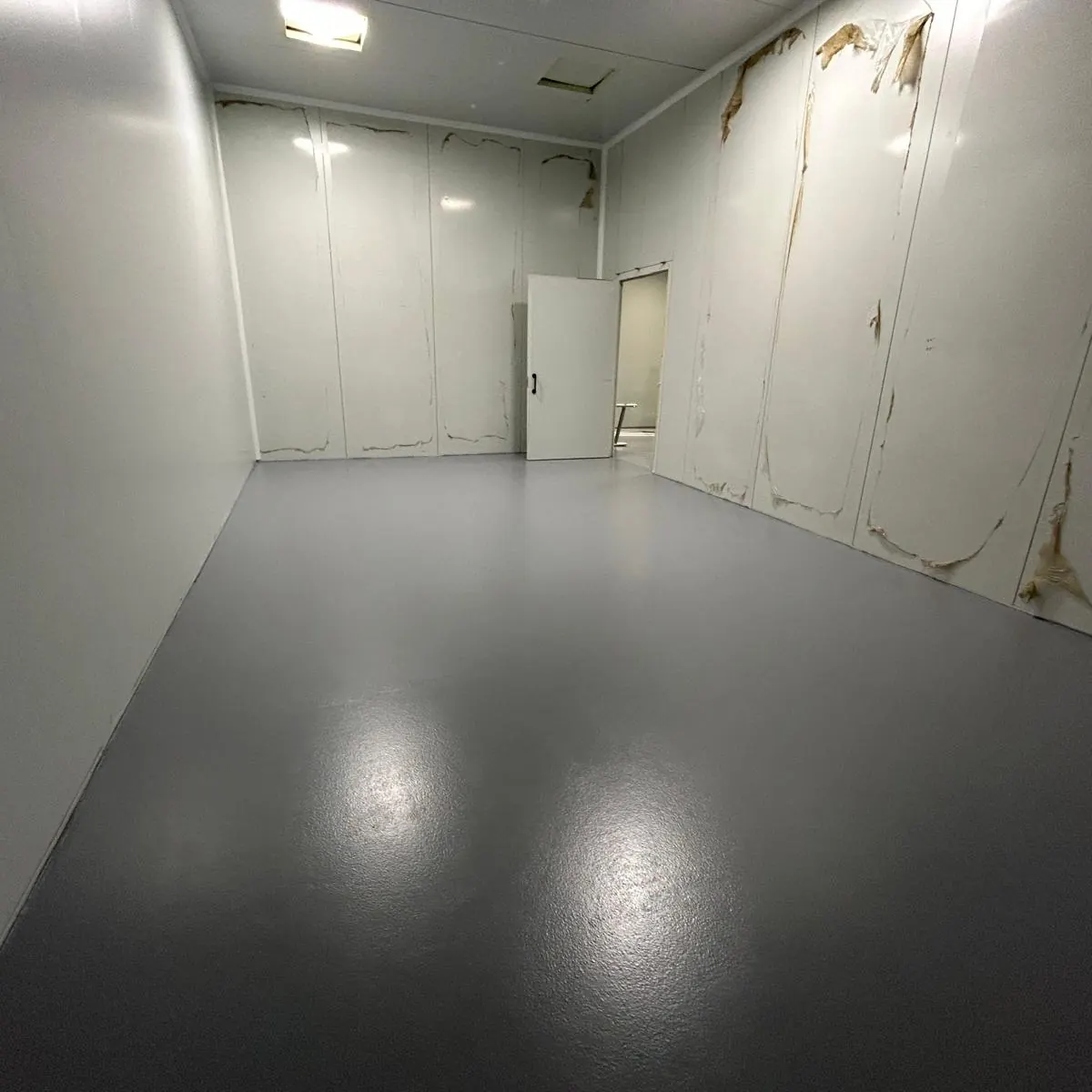 Vista general del pavimento gris terminado en la sala blanca, HIPRA Aiguaviva