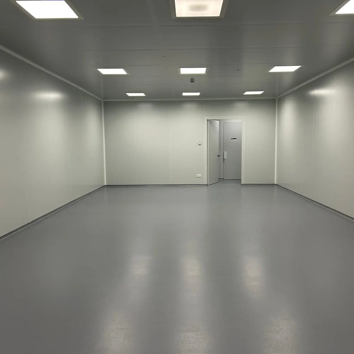 Pasillo central de la sala de laboratorio con acabado epoxi gris brillante, Aiguaviva
