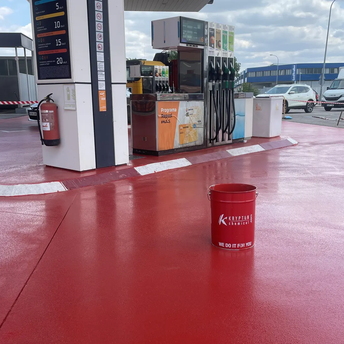 A resin drum beside the pumps on the red floor A resin drum beside the pumps on the red floor