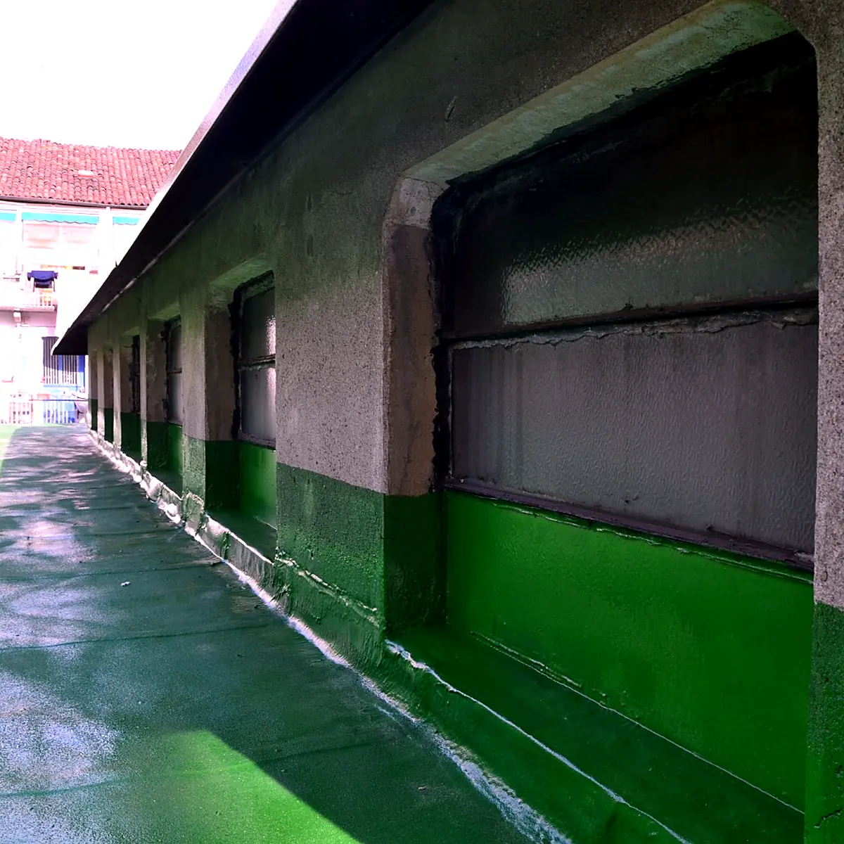 Coated walkway and wall base along the mall roof in Turin, Italy Coated walkway and wall base along the mall roof in Turin, Italy